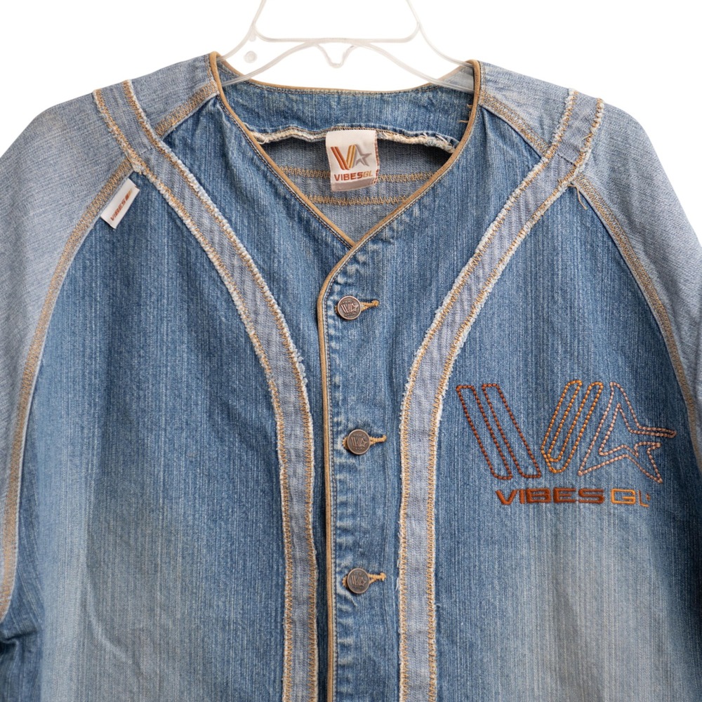Vibes Y2K Denim Shirt Mens XL Embroidered Patchwork Urban 90s Streetwear Hip Hop